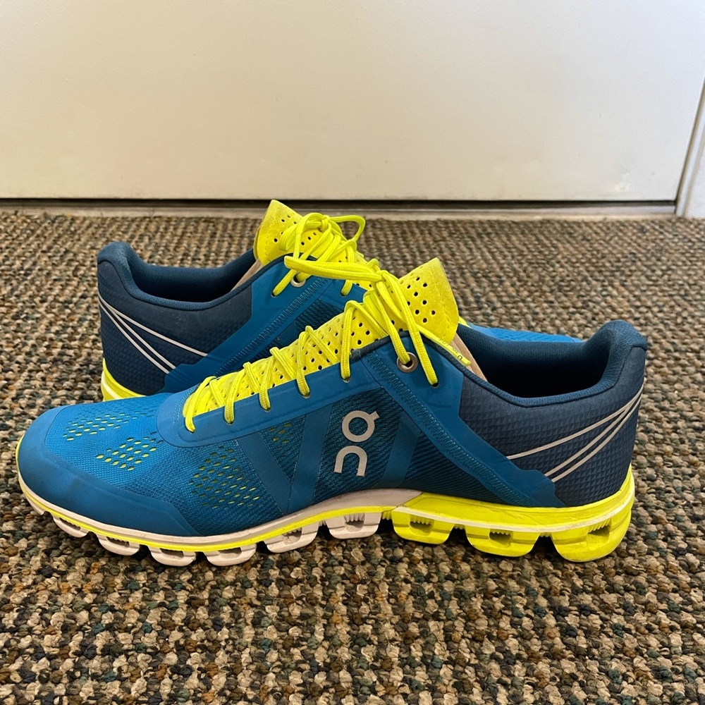 Blue/yellow on running shoes, men’s 10.5, barely used